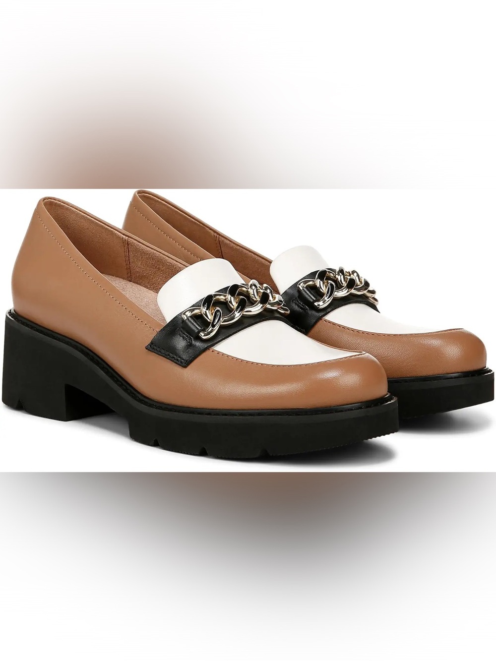 NWOT Never Worn! Naturalizer Two-Tone Chain-Trim Loafers in Tan, White & Black